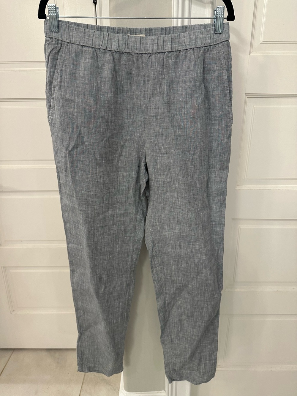 Eileen Fisher XS Organic Linen Tapered Leg Pull On Pants Blue Pockets Beach EUC